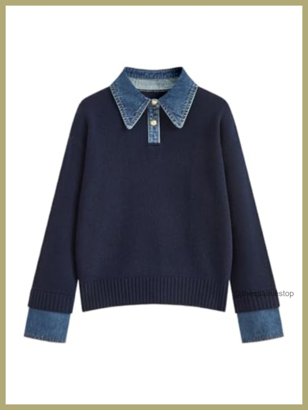 Oversized Long Sleeve Denim Panel Sweater Polo Knit Pullover